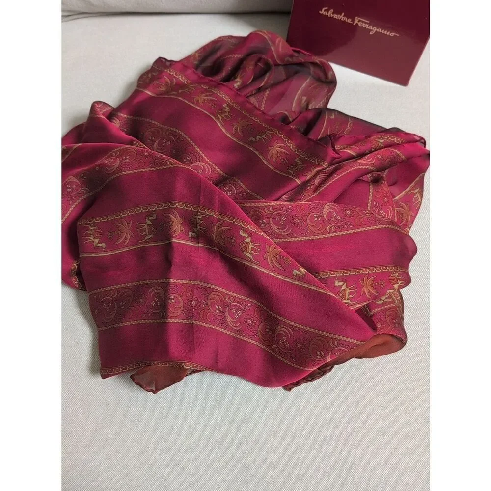 Salvatore Ferragamo Burgundy Silk Striped Floral Scarf with Elephants and Camels